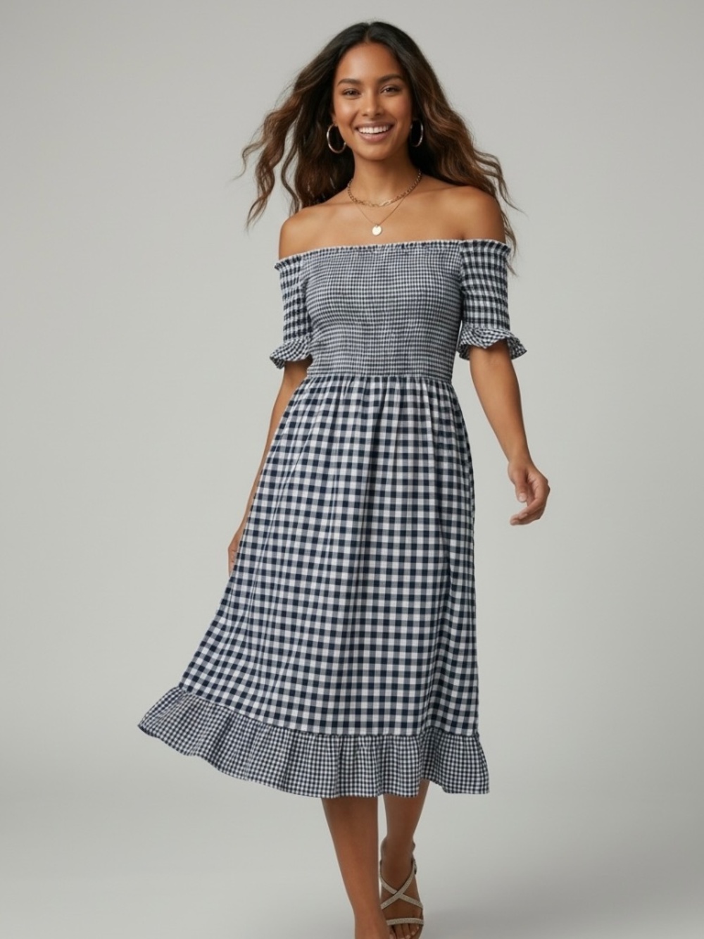POL Navy White Gingham Midi Dress | Smocked Off Shoulder Checkered Dress - Picture 7 of 7